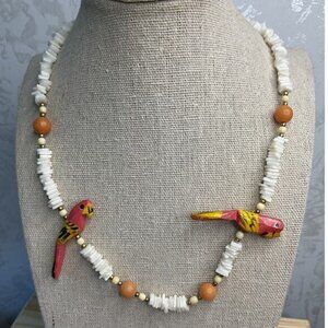 White Coral Shell Chip Round Wood Beads Parrot Summer Beach Necklace
